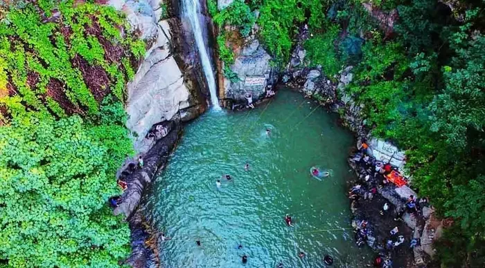 پوشش گیاهی صخره های اطراف آبشار شیرآباد و شنای گردشگران در آب 5215241