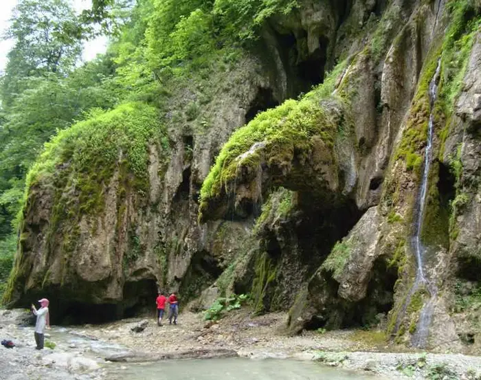 صخره های خزه بسته و گردشگران در حال بازدید از آبشار باران کوه 454