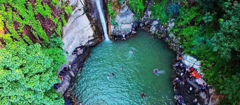 پوشش گیاهی صخره های اطراف آبشار شیرآباد و شنای گردشگران در آب 5215241